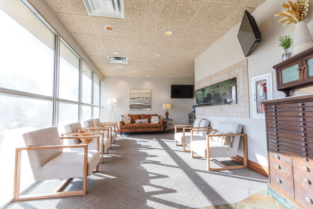 Bright, welcoming waiting room at Cornerstone Dental at Fort Sanders West in Knoxville, TN